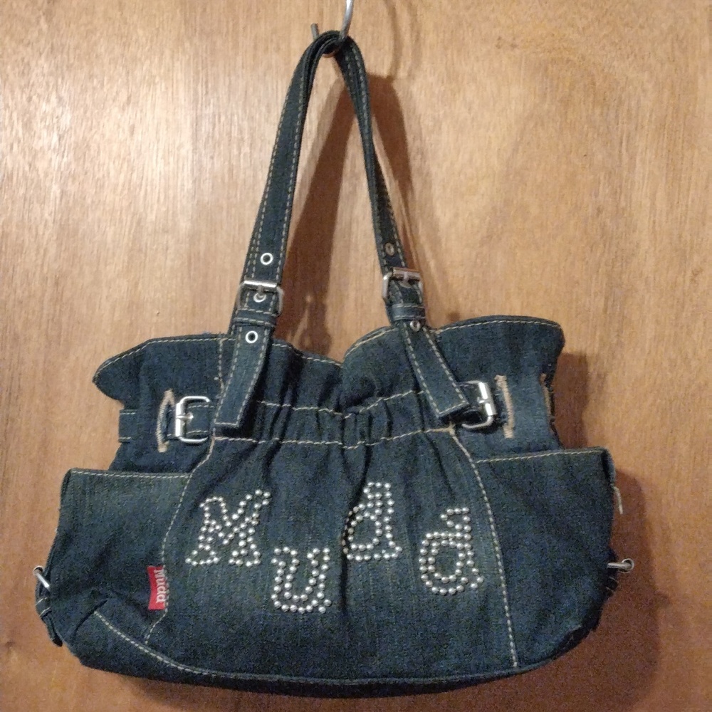 Mudd shoulder ruffle top bag true navy denim with tan stitching